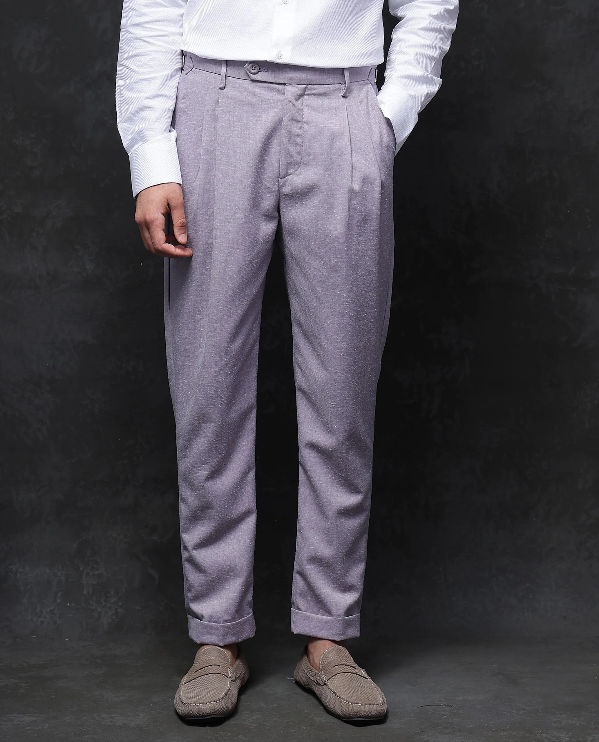 Rare Rabbit Men Rhesa Dusky Purple Linen Blend Pleated Button Closure Relaxed Fit Plain Trouser