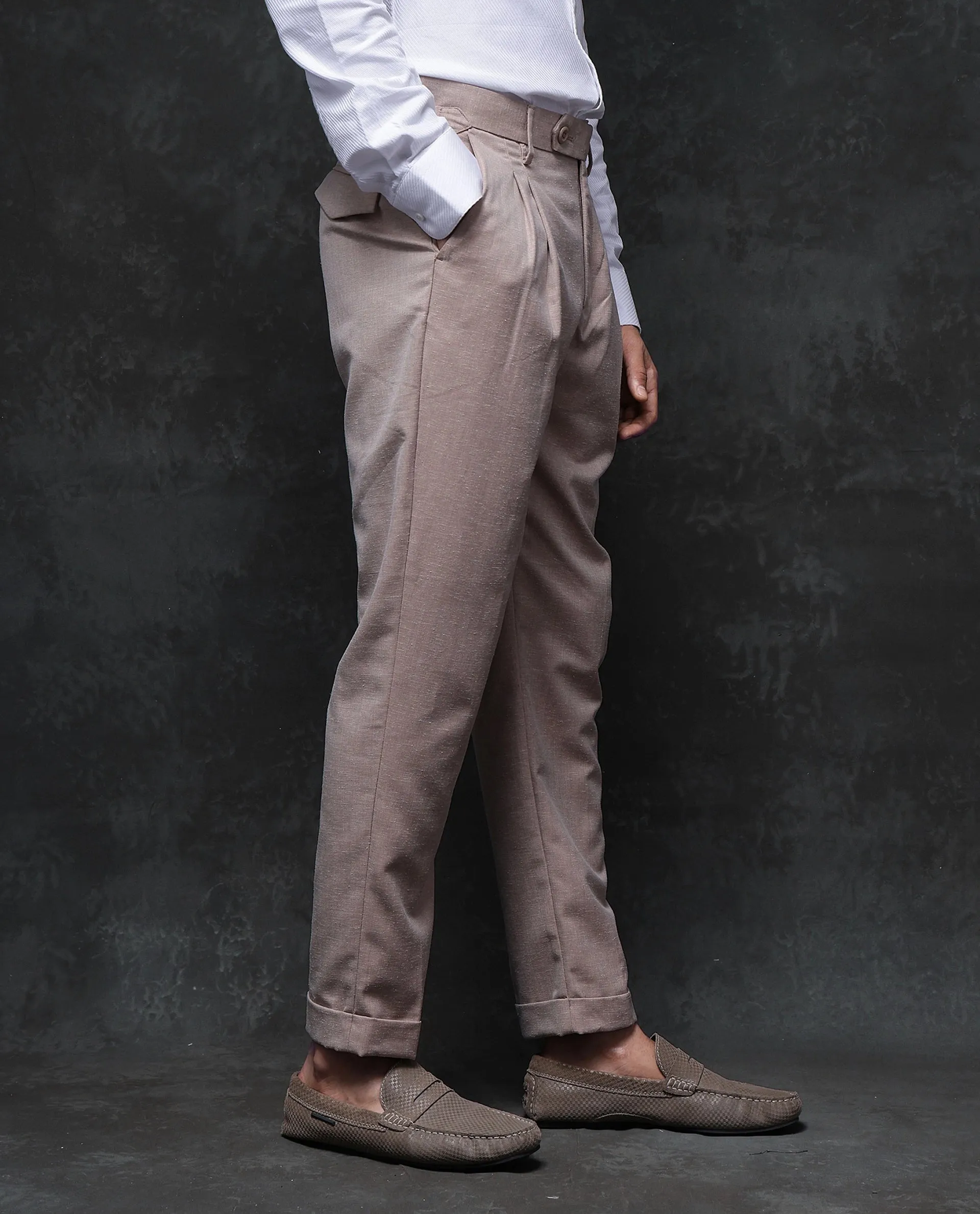 Rare Rabbit Men Rhesa Light Rust Linen Blend Pleated Button Closure Relaxed Fit Plain Trouser