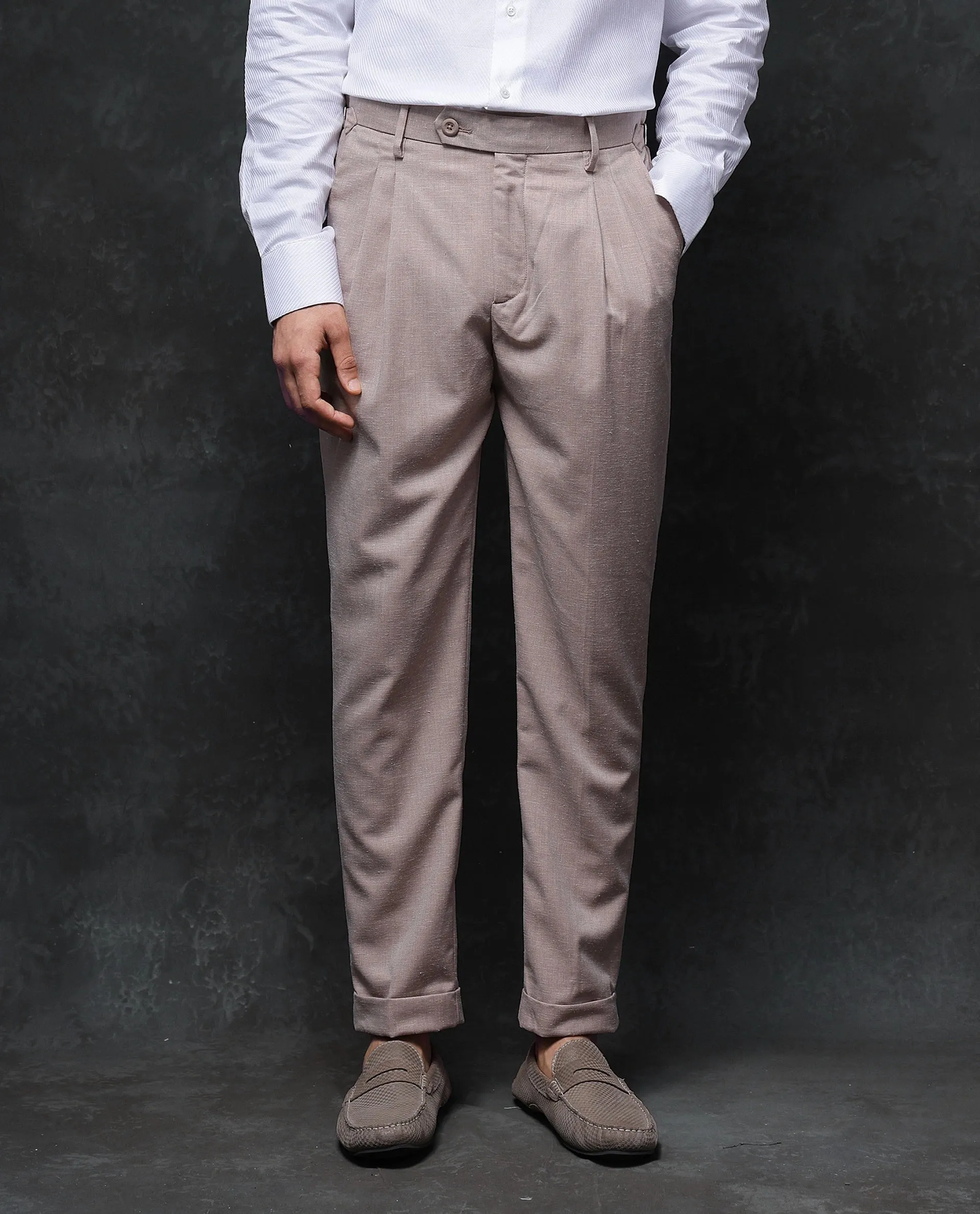 Rare Rabbit Men Rhesa Light Rust Linen Blend Pleated Button Closure Relaxed Fit Plain Trouser