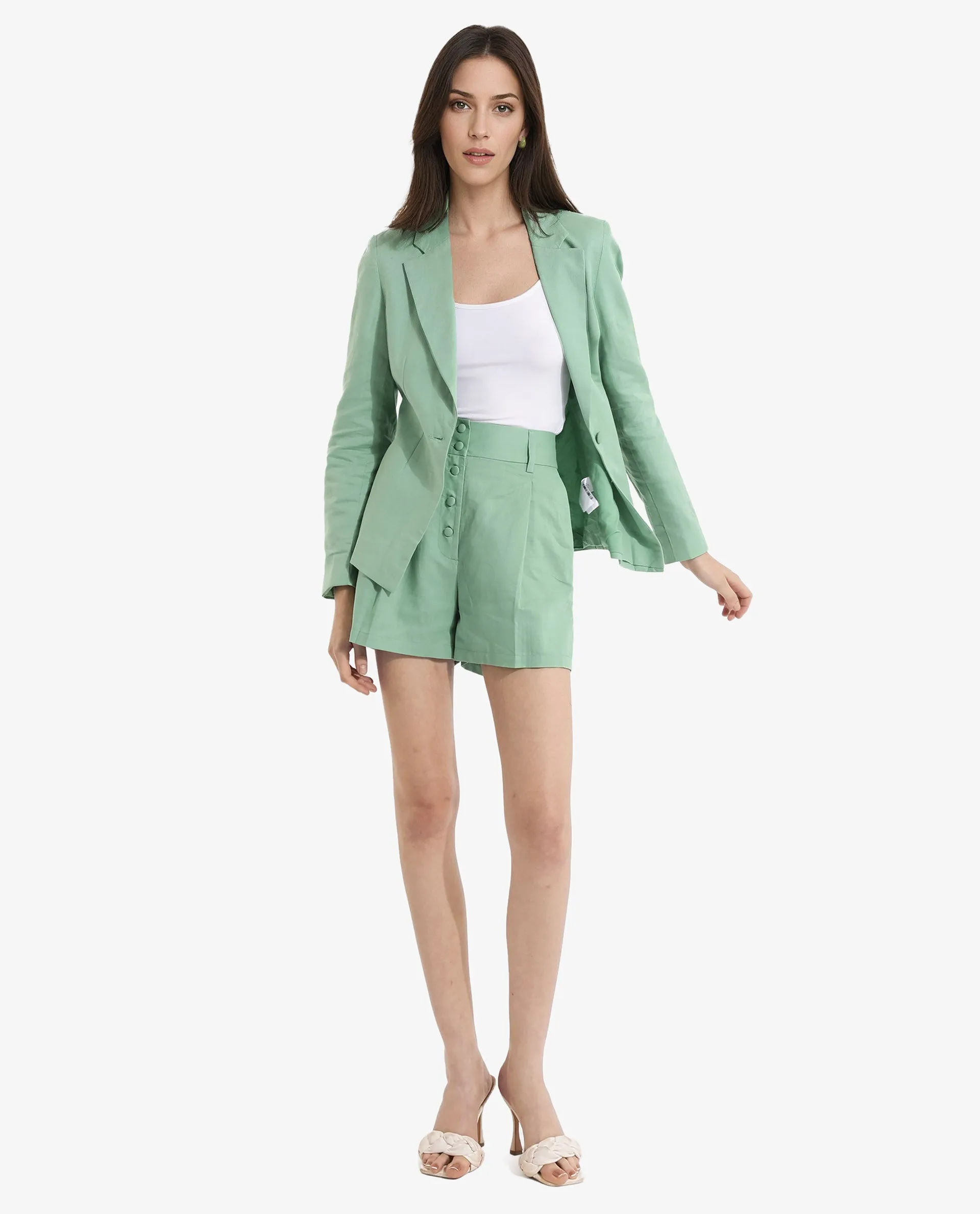 Rareism Women Savriko Green Full Sleeve Lapel Neck Button Plain Blazer