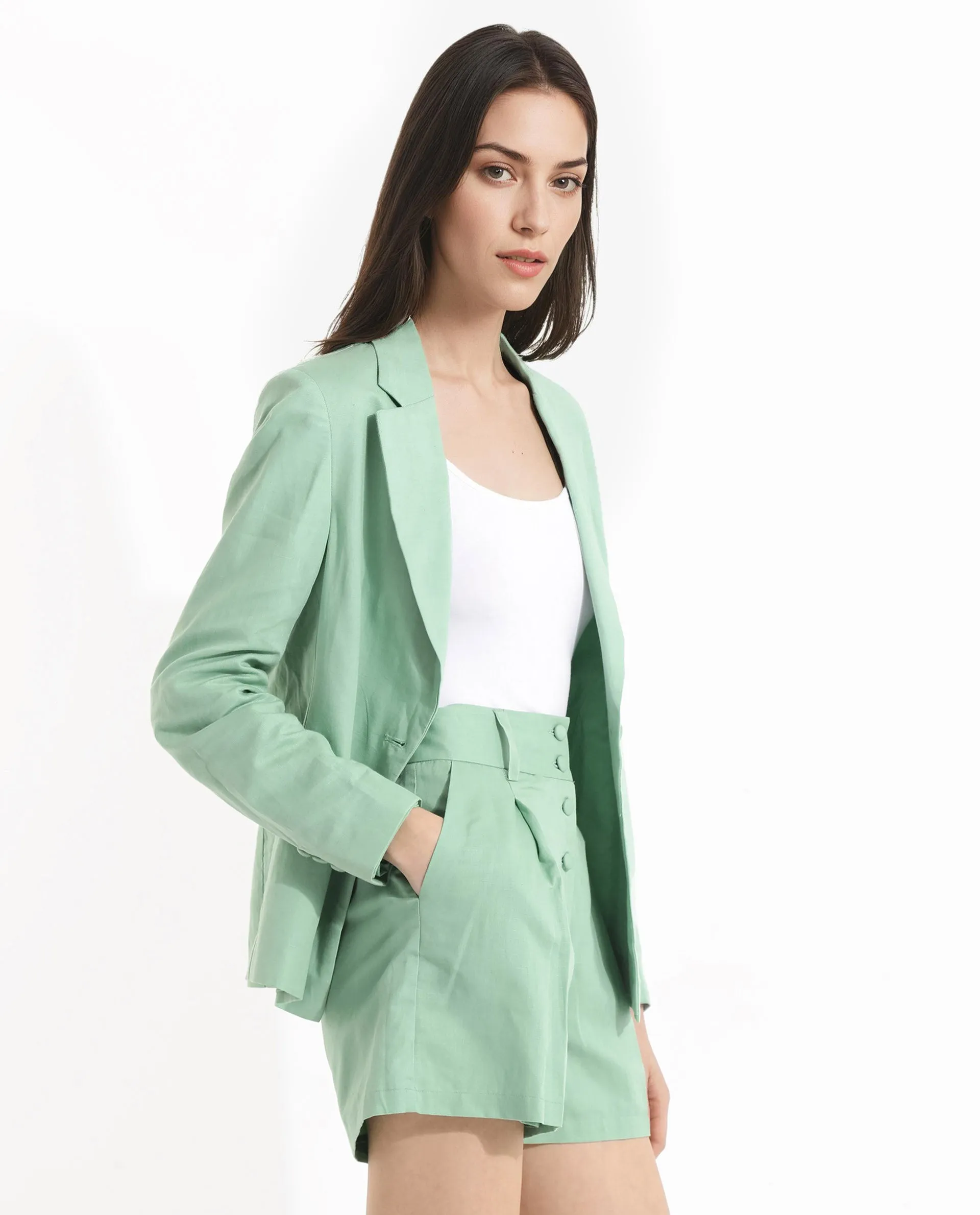 Rareism Women Savriko Green Full Sleeve Lapel Neck Button Plain Blazer