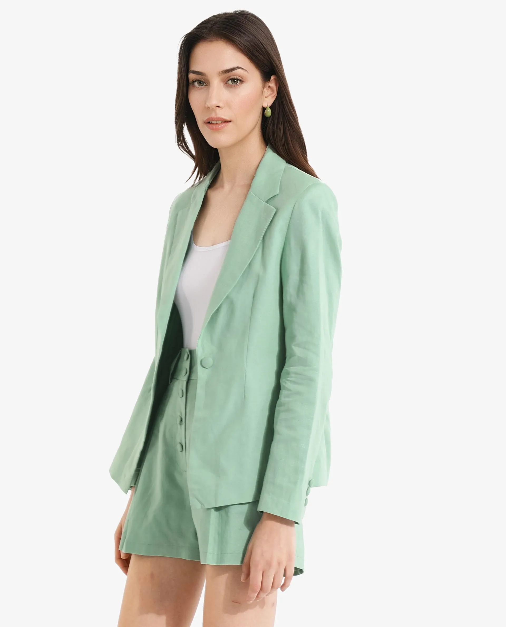 Rareism Women Savriko Green Full Sleeve Lapel Neck Button Plain Blazer