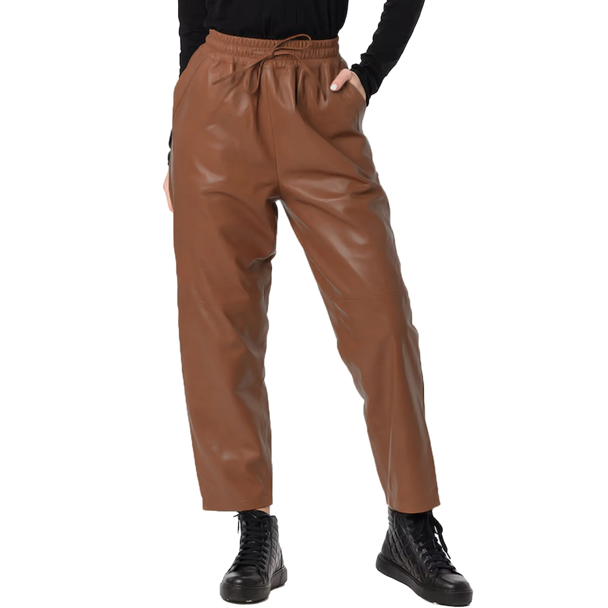 Real Lambskin Leather Pants for Women Comfortable Drawstring Versatile Design