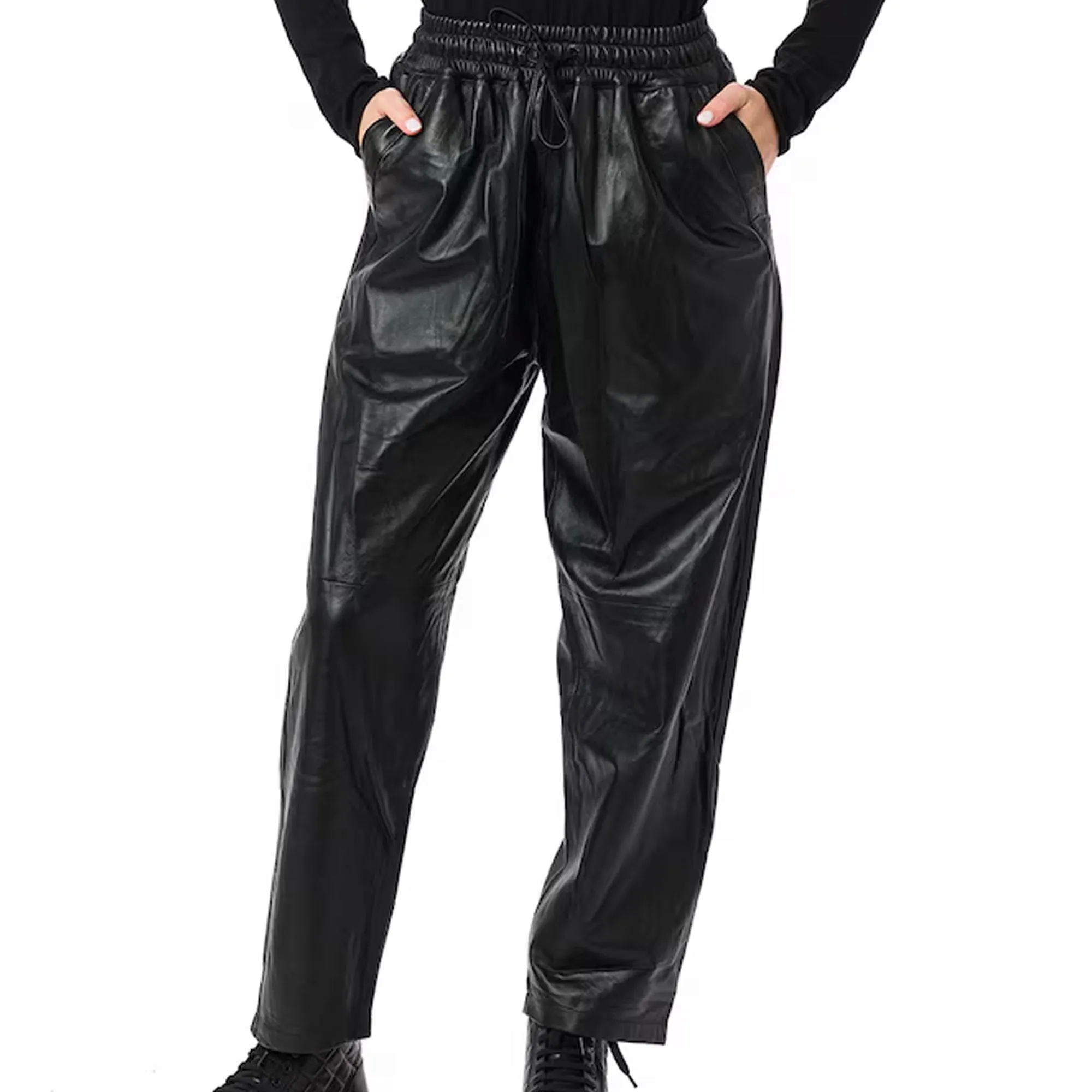 Real Lambskin Leather Pants for Women Comfortable Drawstring Versatile Design