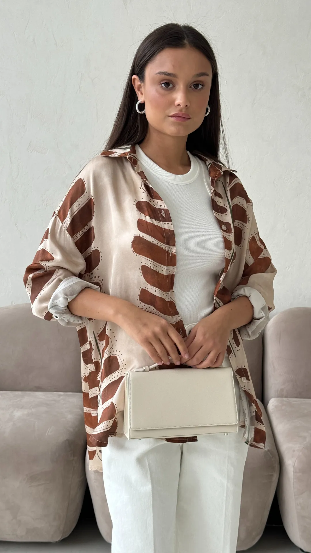 RHEA SILK SHIRT - LEAF PRINT CAMEL