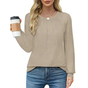 Rosvigor Blouses for Women Dressy Long Sleeve Shirts Casual Fall Tops Curved Hem Tunic with Pleats