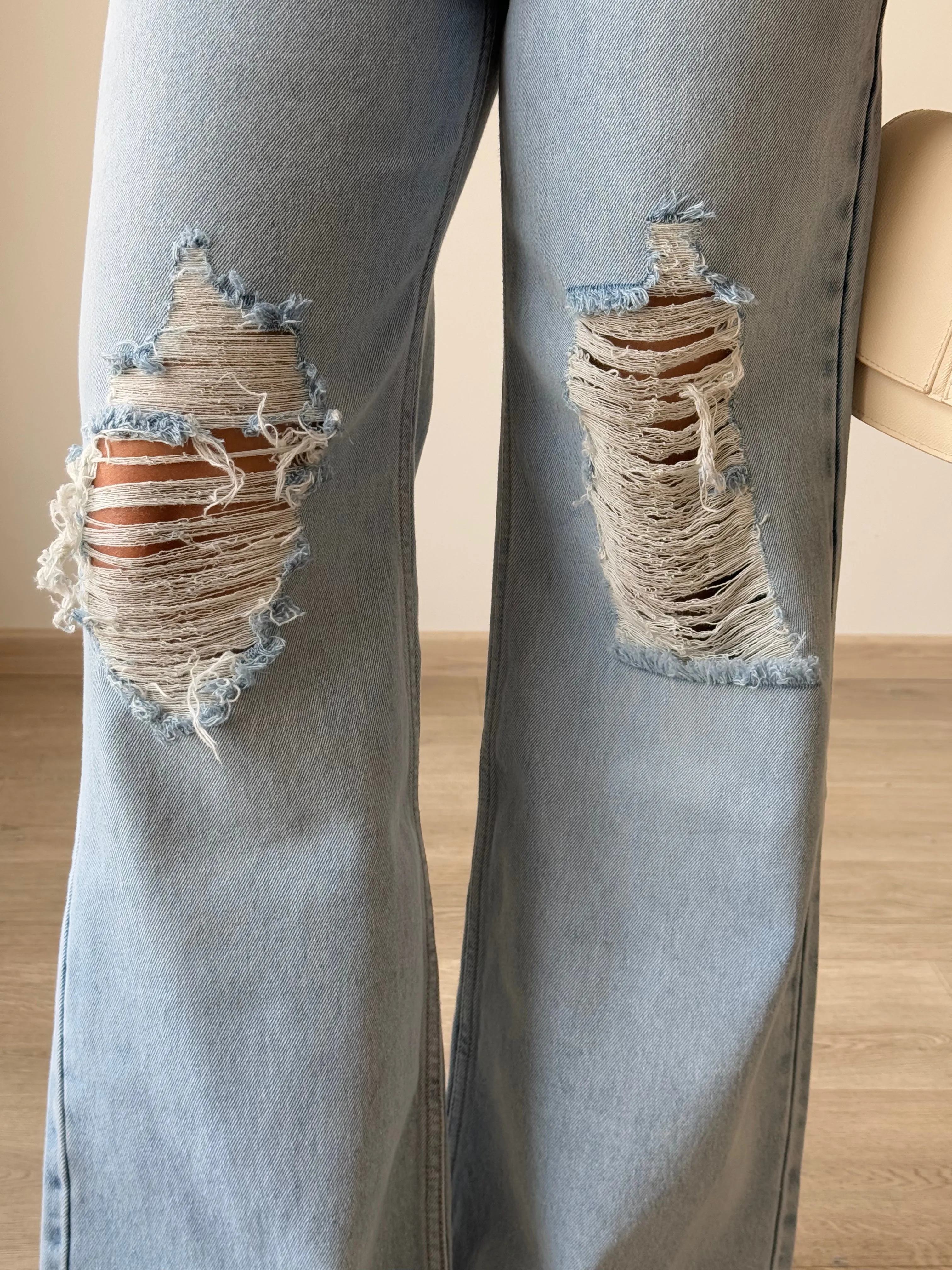 Rugged Blue Stone Wash Wide Leg Jeans