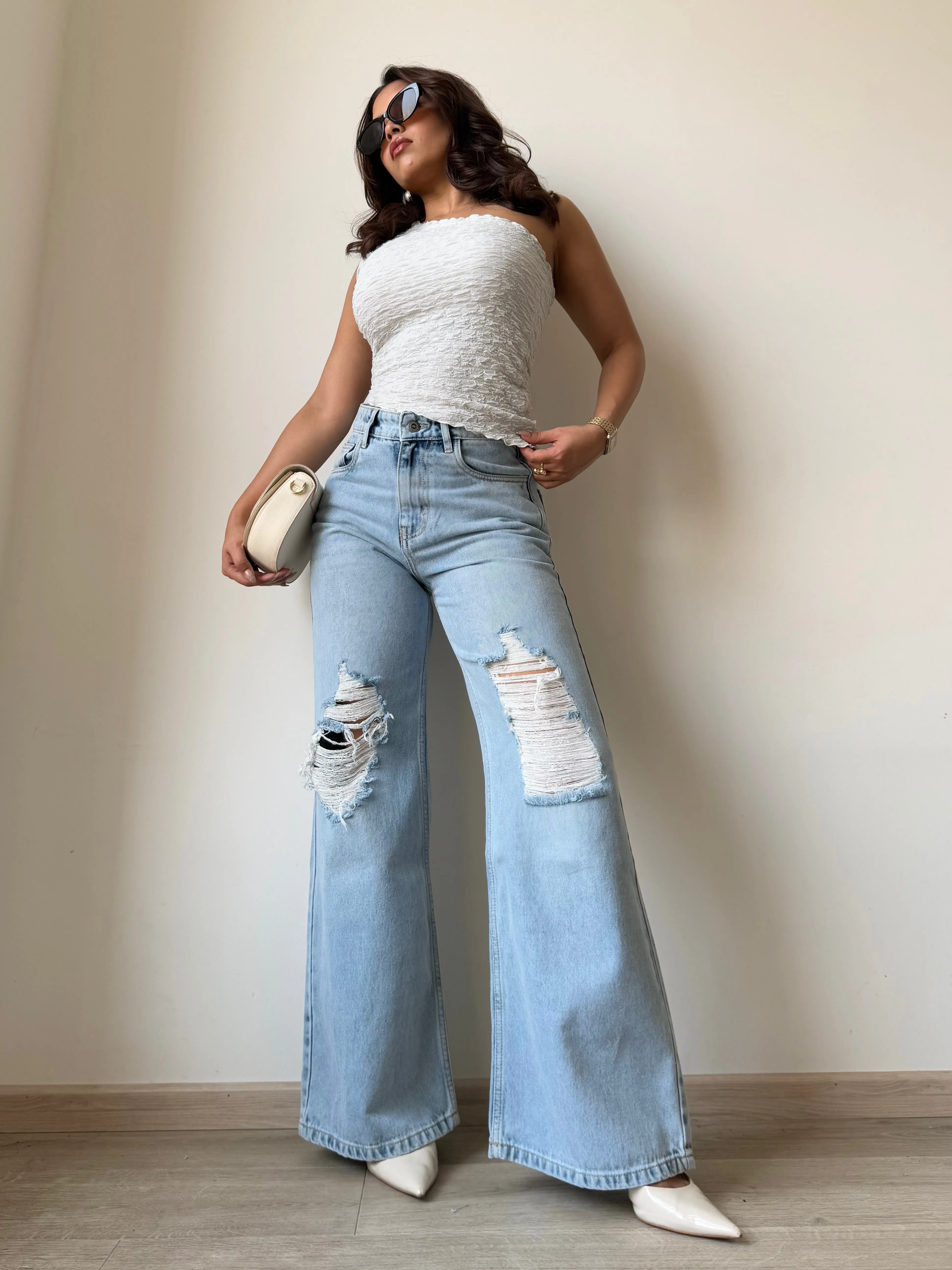 Rugged Blue Stone Wash Wide Leg Jeans