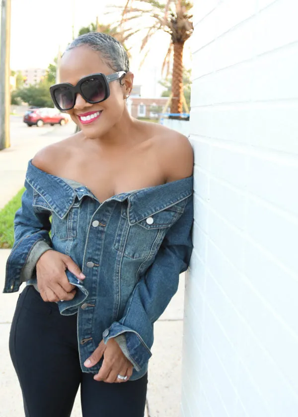 Shoulder Strut | Denim Off the Shoulder Jacket