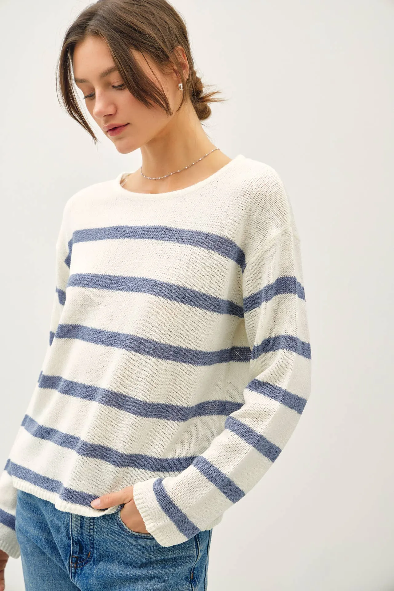 STRIPED RELAXED FIT LONG SLEEVE SWEATER