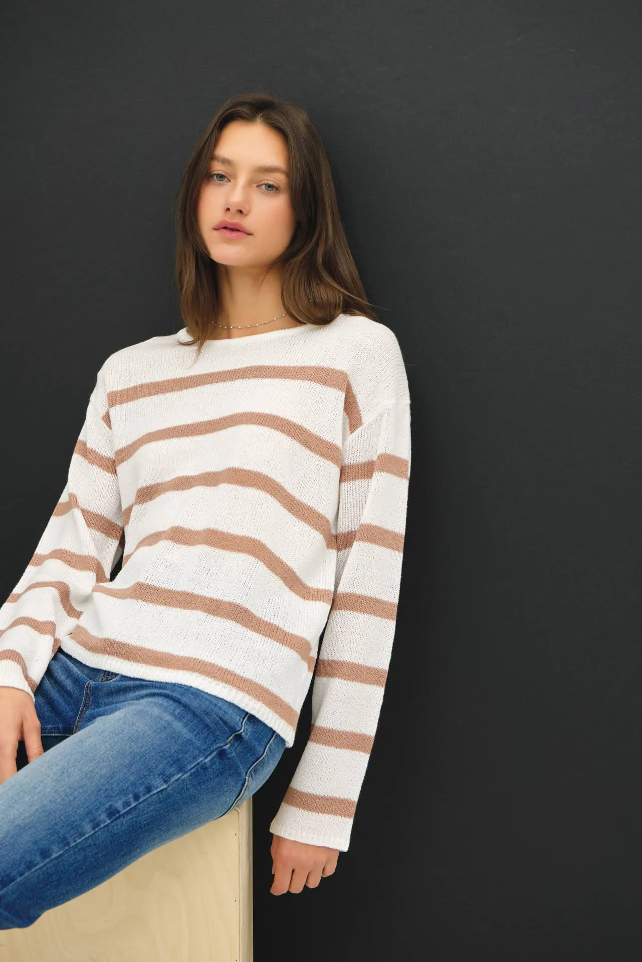 STRIPED RELAXED FIT LONG SLEEVE SWEATER