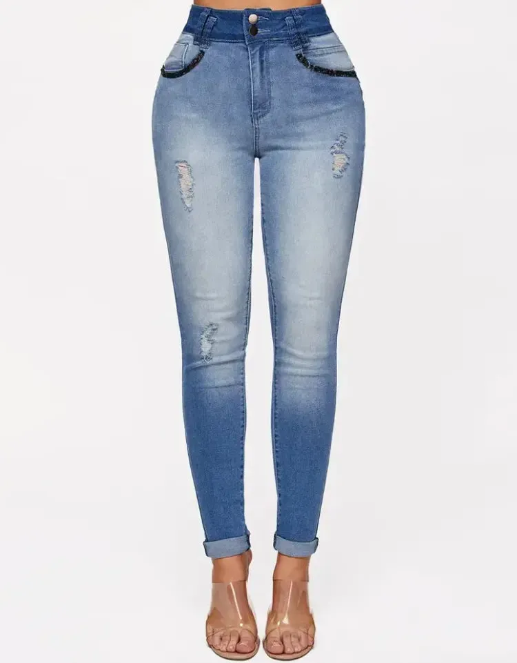 Trendy High Waist Ripped Denim Jeans