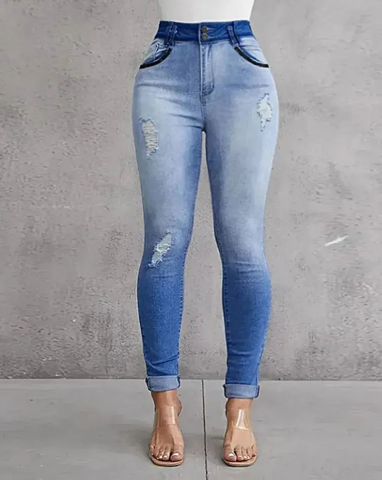 Trendy High Waist Ripped Denim Jeans