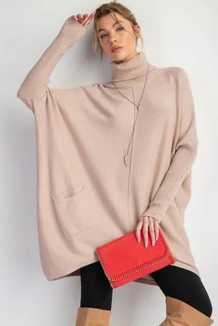 TURTLE NECK KNIT SWEATER PULLOVER, Beige