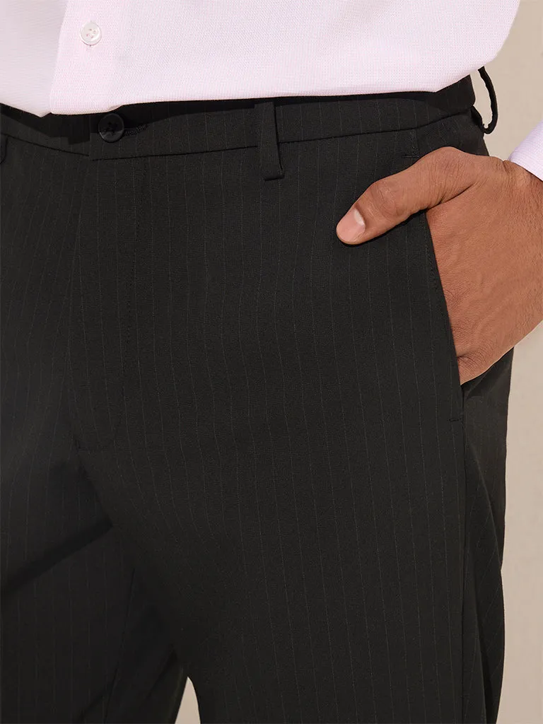 WES Formals Black Pinstriped Mid-Rise Slim-Fit Trousers