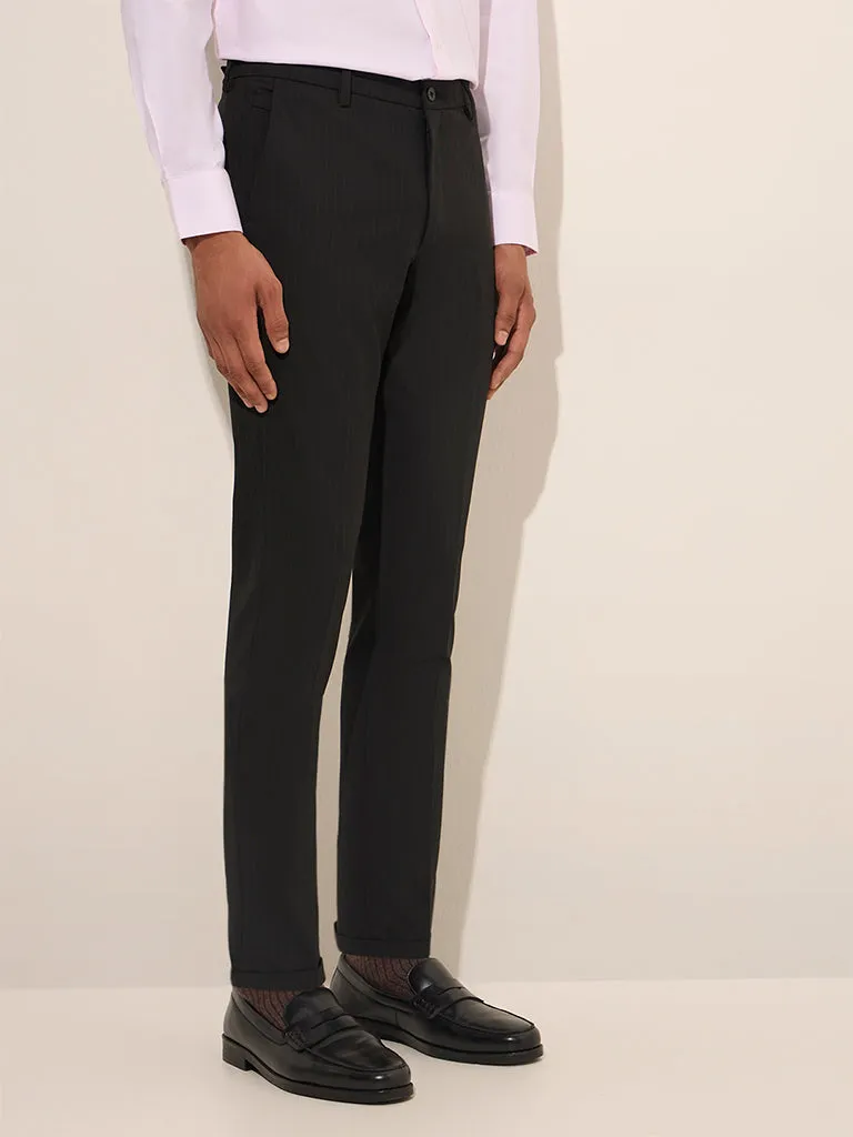 WES Formals Black Pinstriped Mid-Rise Slim-Fit Trousers