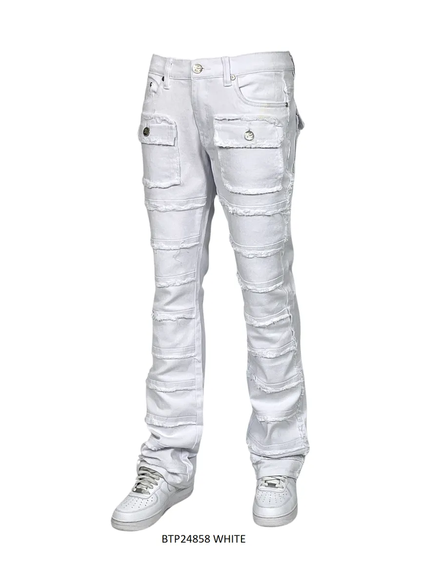 White Stacked Jeans Men's Denim Pants Frayed Stack Fit with Pockets