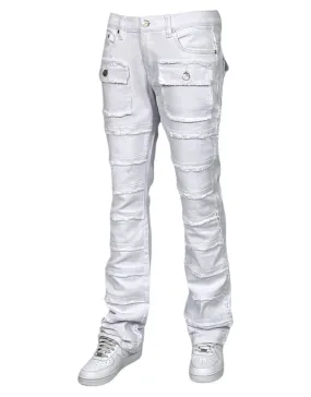 White Stacked Jeans Men's Denim Pants Frayed Stack Fit with Pockets