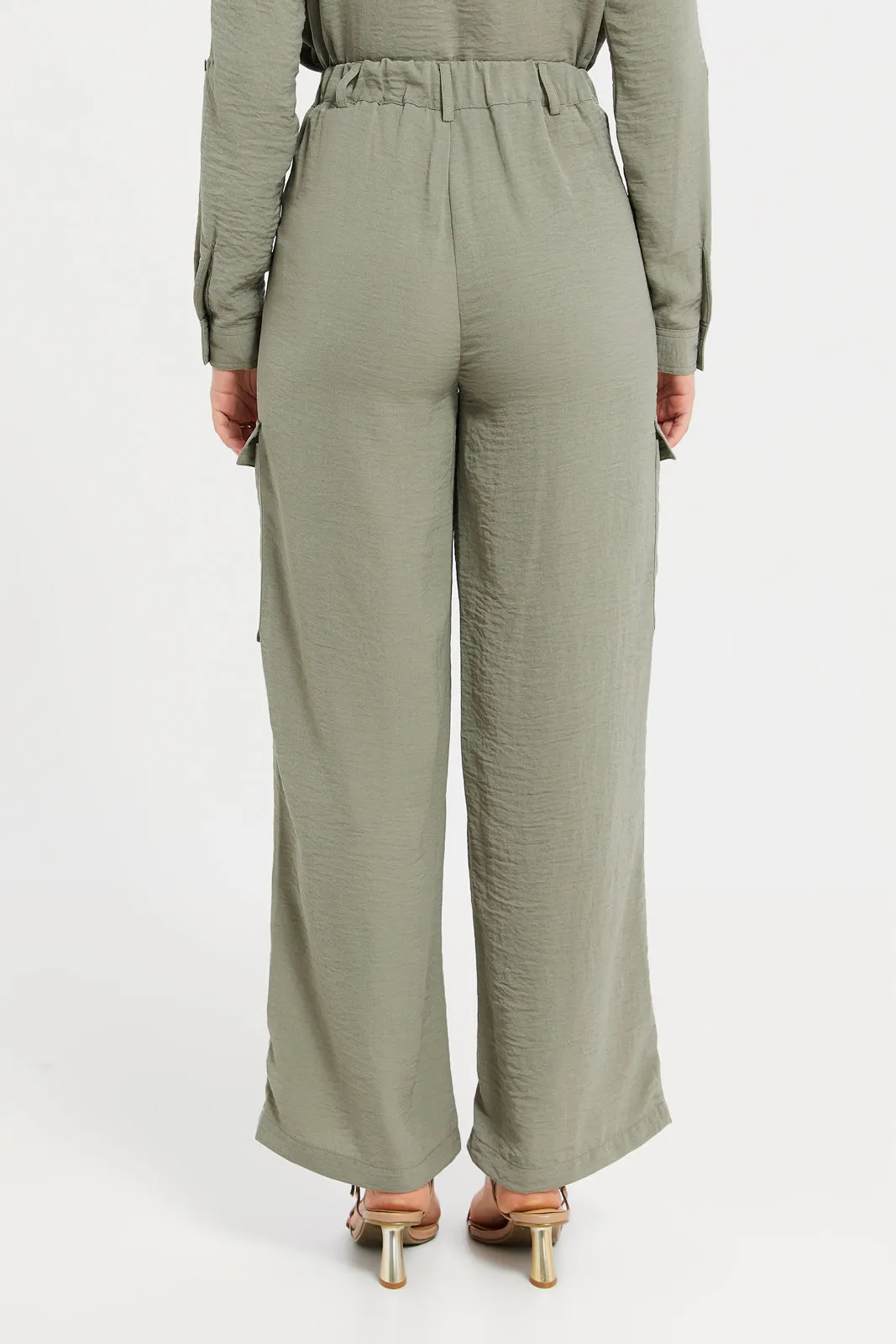 Women Green Cargo Wide Leg Trouser