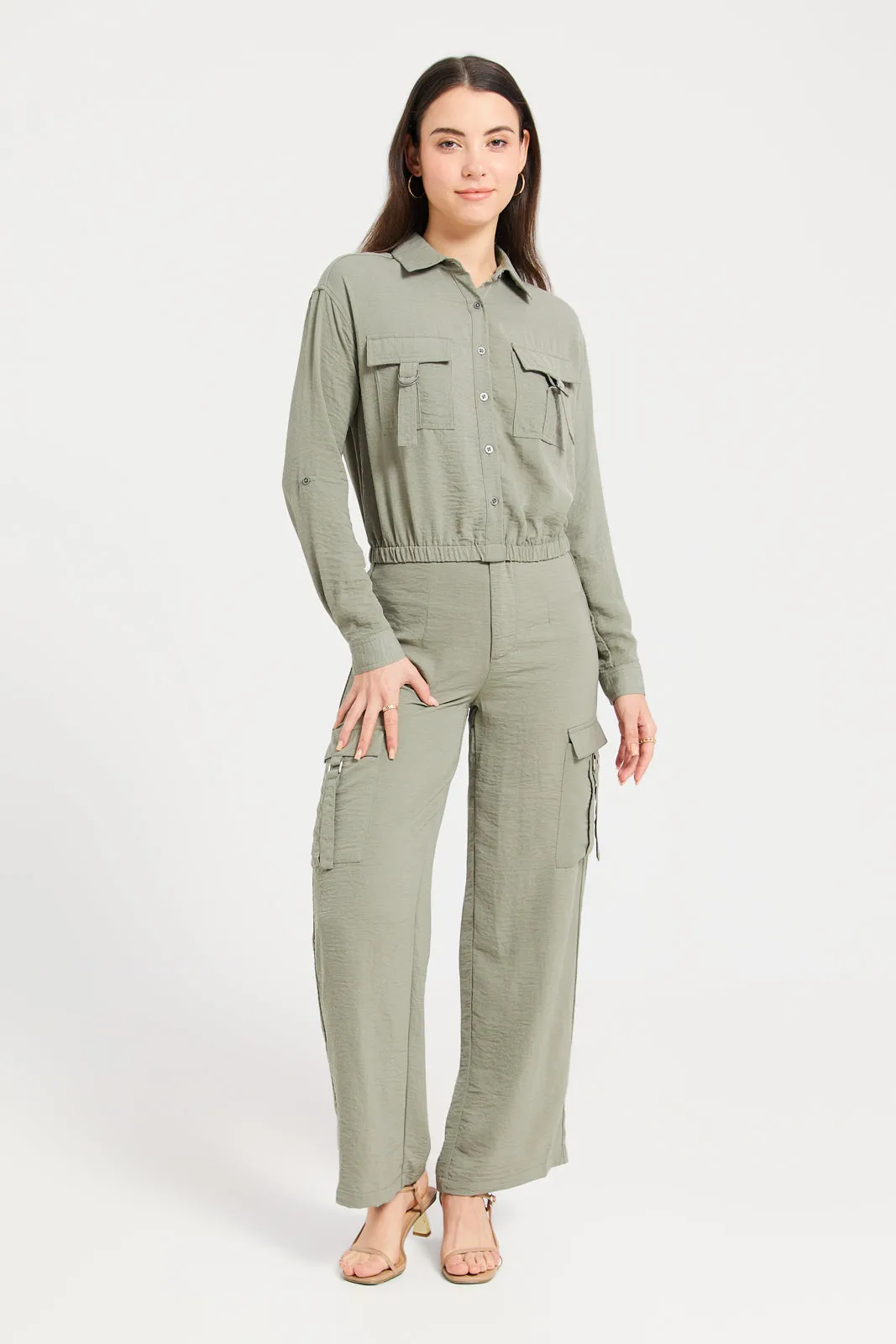 Women Green Cargo Wide Leg Trouser