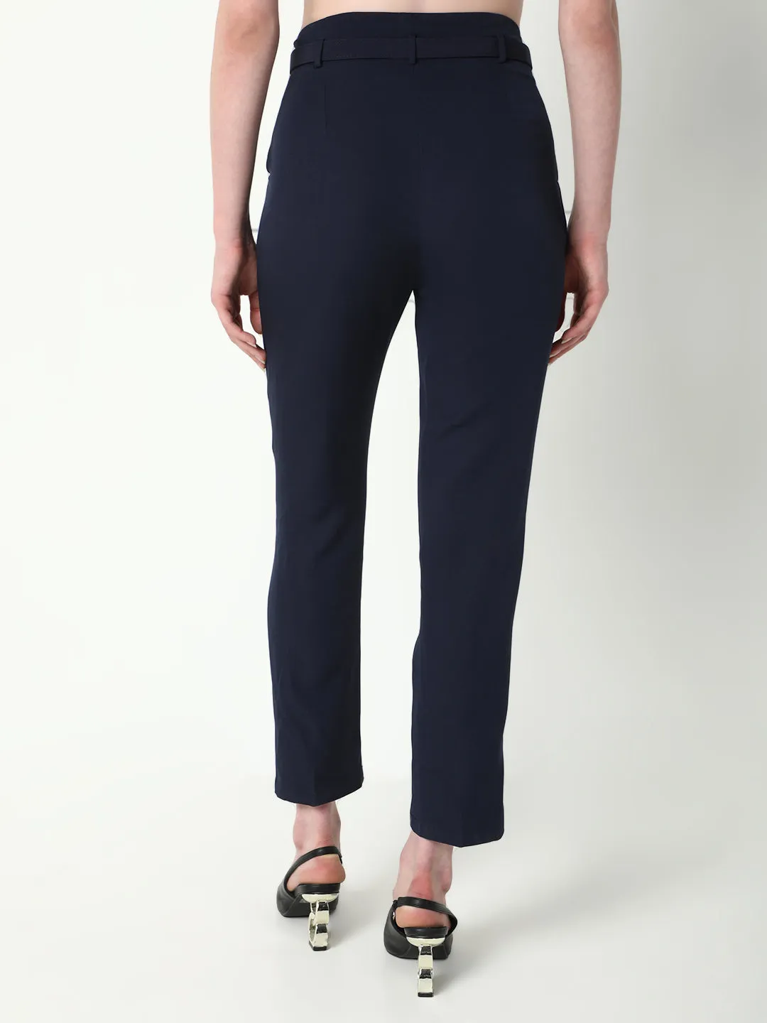 Women Navy Blue Solid Formal Trousers with Belt