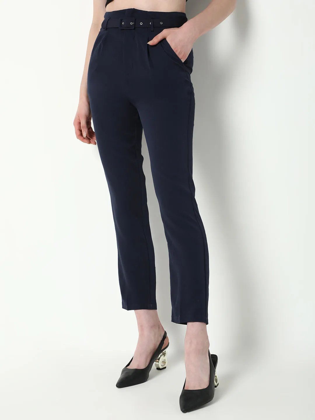 Women Navy Blue Solid Formal Trousers with Belt