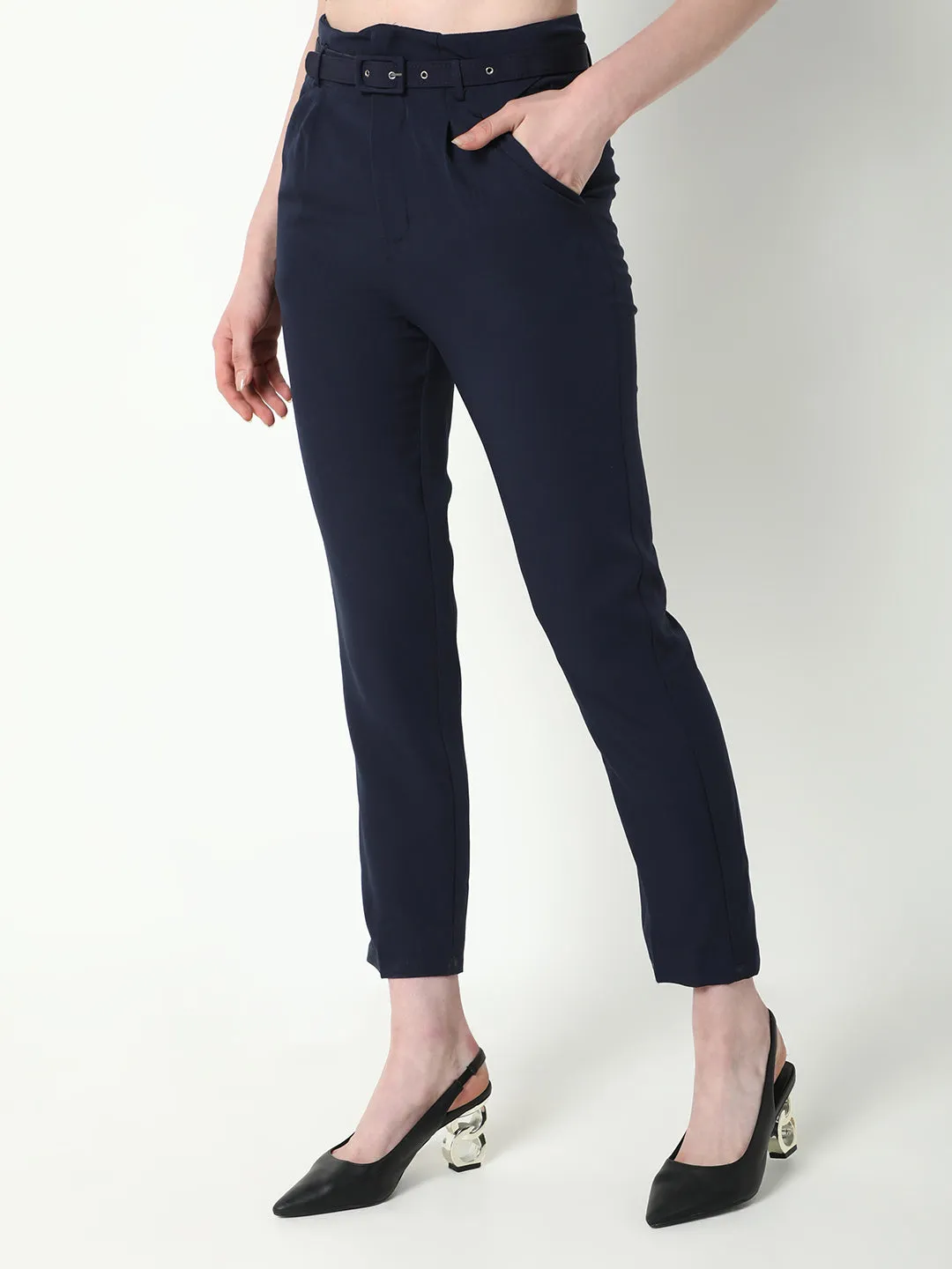 Women Navy Blue Solid Formal Trousers with Belt