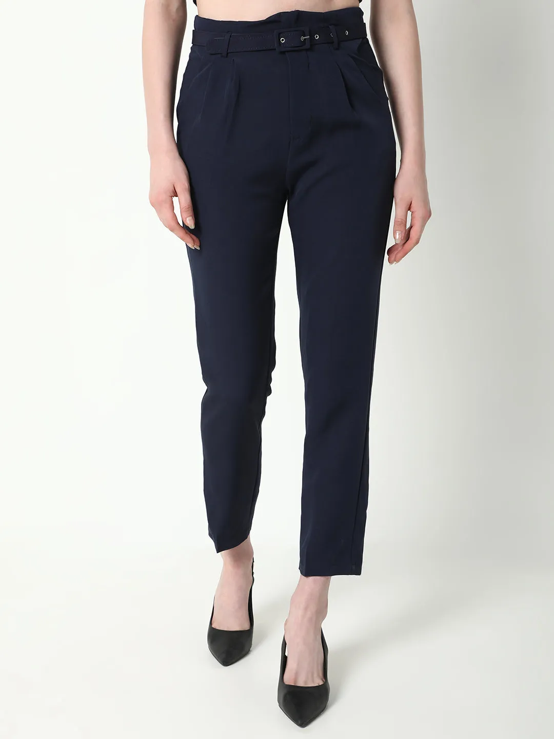 Women Navy Blue Solid Formal Trousers with Belt