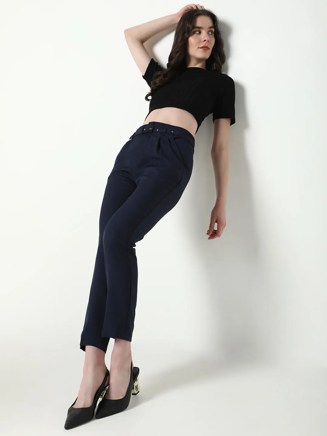 Women Navy Blue Solid Formal Trousers with Belt