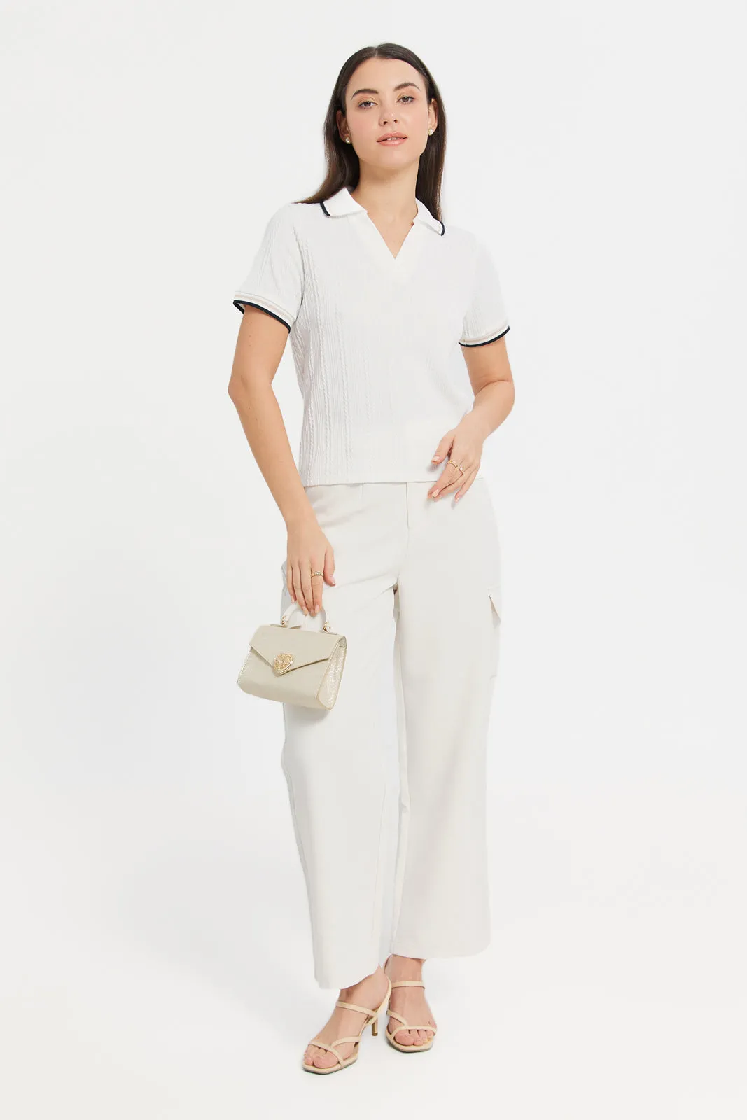 Women White Button-Down Cargo Wide Leg Fit