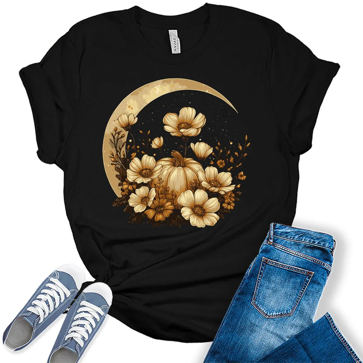 Women's Crescent Moon Vintage Floral Graphic Tees