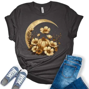 Women's Crescent Moon Vintage Floral Graphic Tees