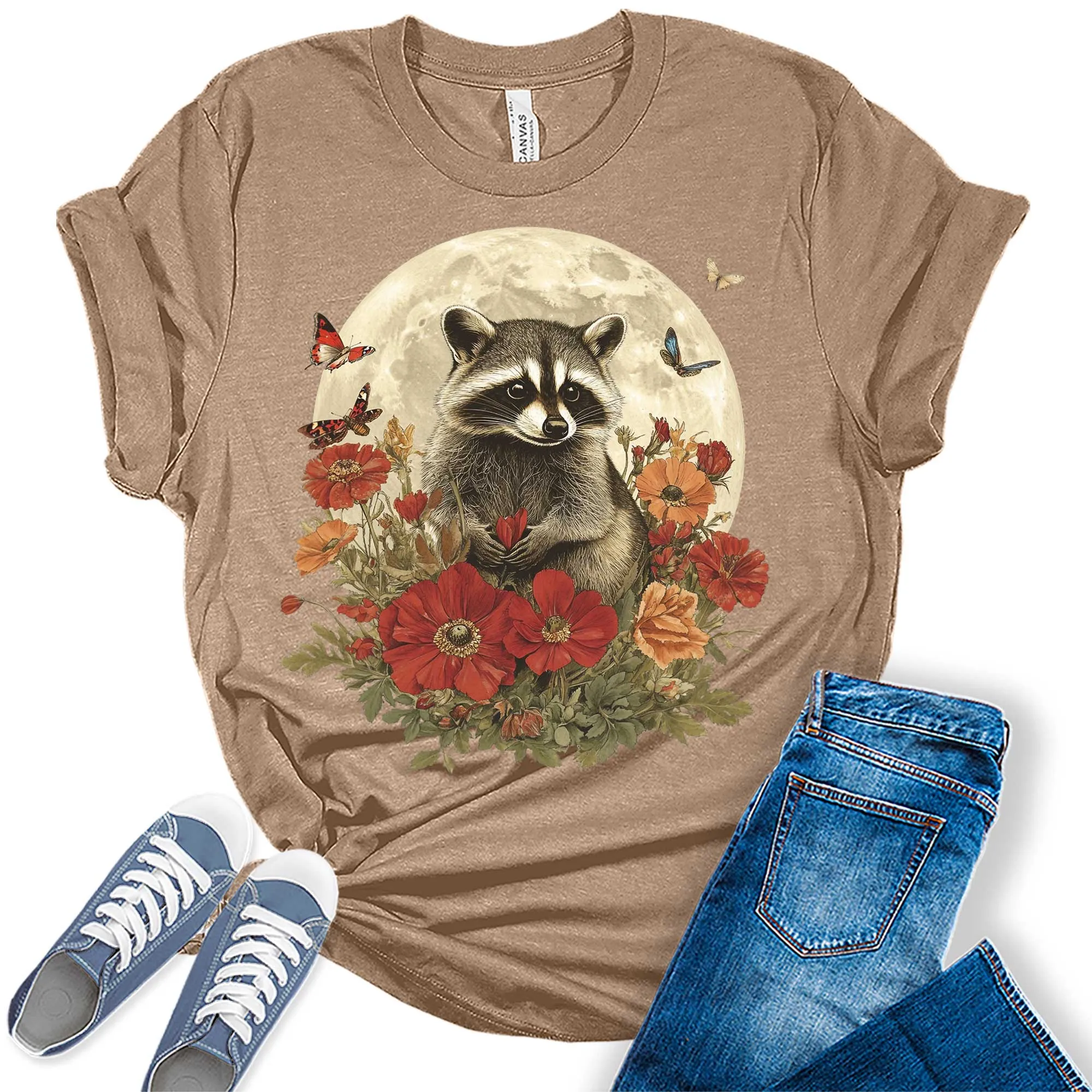 Womens Raccoon Fall Floral Moon Butterflies Graphic Tees