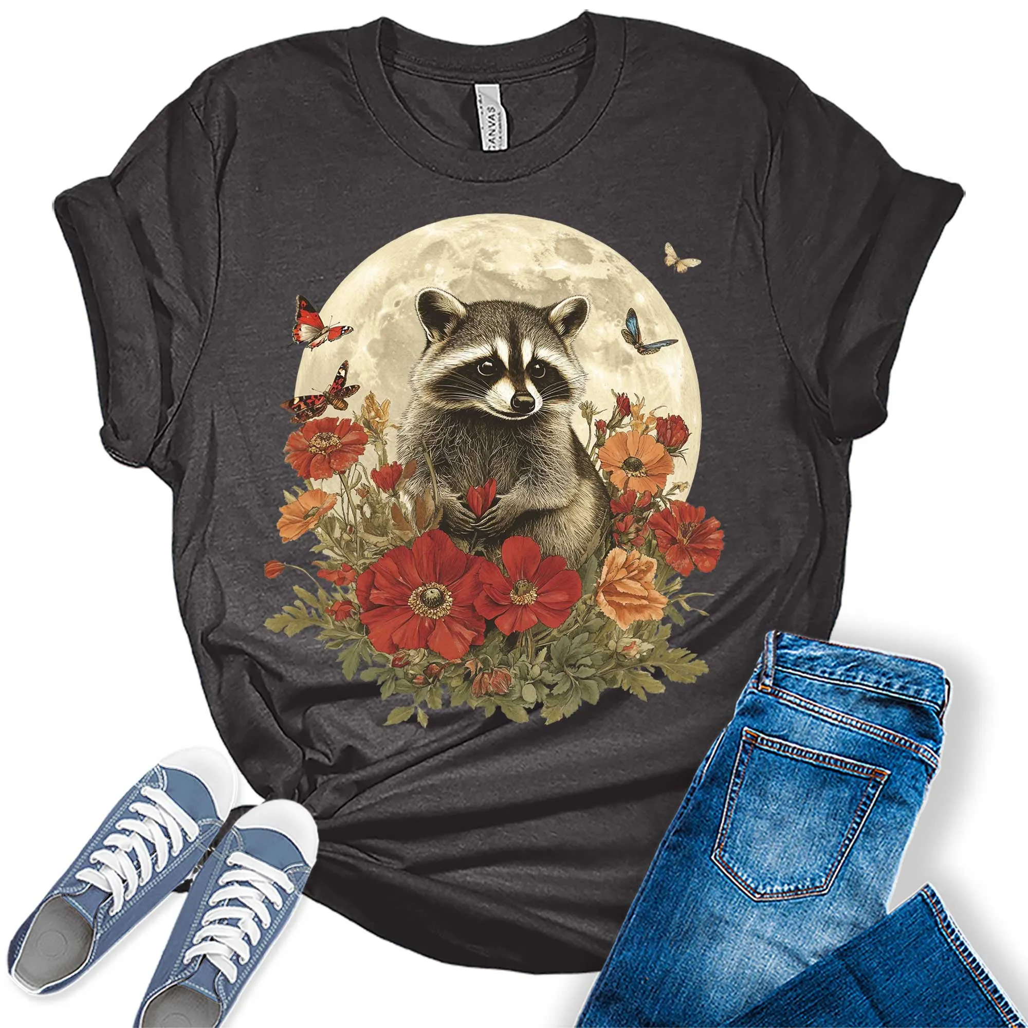 Womens Raccoon Fall Floral Moon Butterflies Graphic Tees